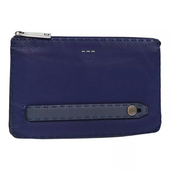 FENDI Clutch Bag Leather Blue Silver Auth bs17465 - Picture 1 of 16